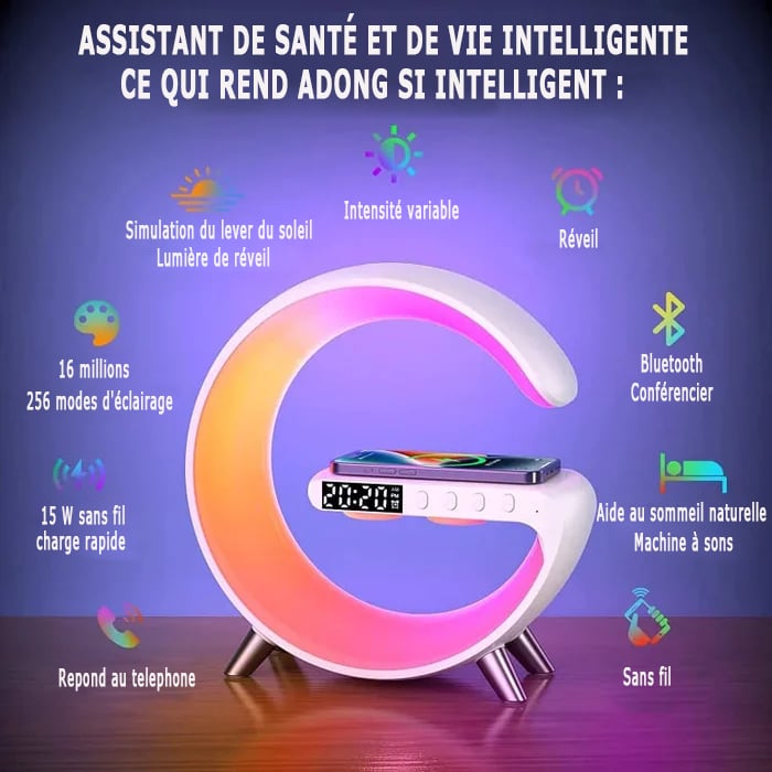 Enceinte Bluetooth Multifonction - Lumière d'ambiance colorée - Charge sans Fil et Horloge