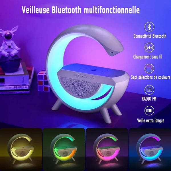 Enceinte Bluetooth Multifonction - Lumière d'ambiance colorée - Charge sans Fil et Horloge