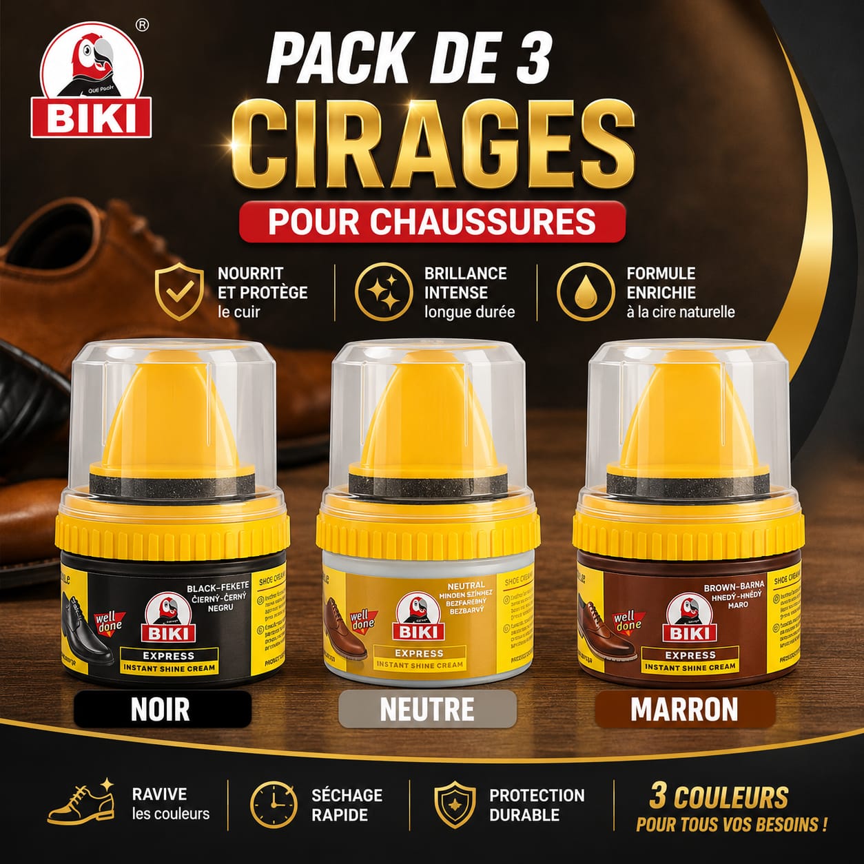 Pack de 3 Cirages pour Chaussures en Cuir